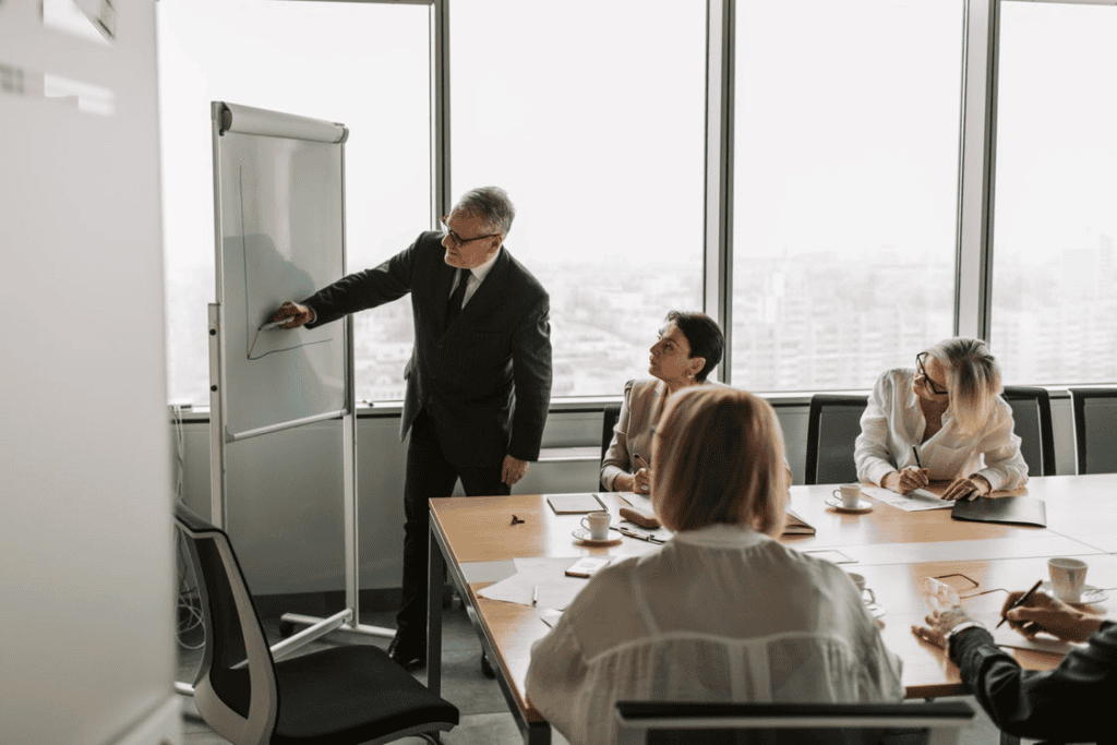 Law firm leaders communicating core values to their legal team.