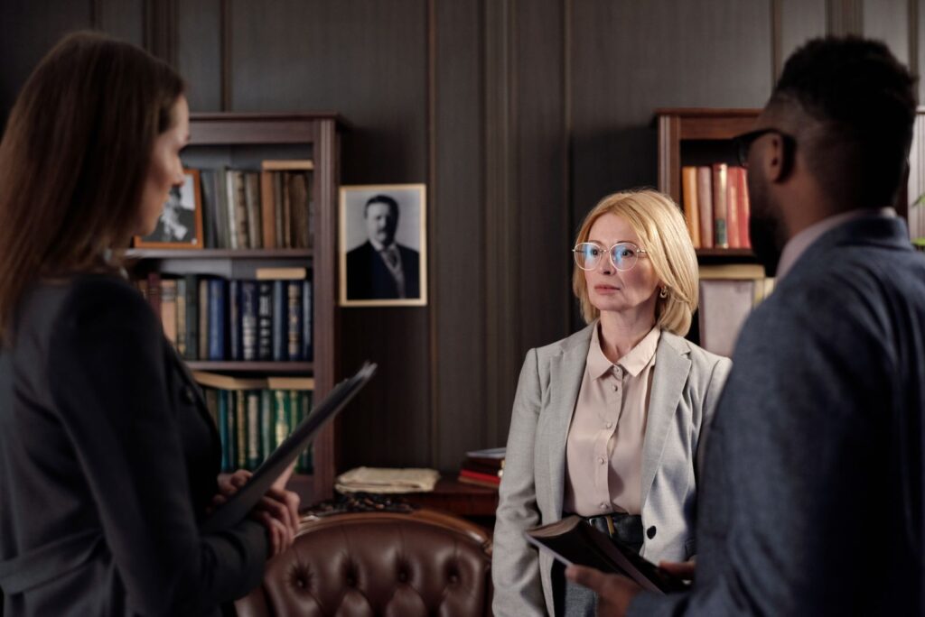 Legal professionals discussing career development plans